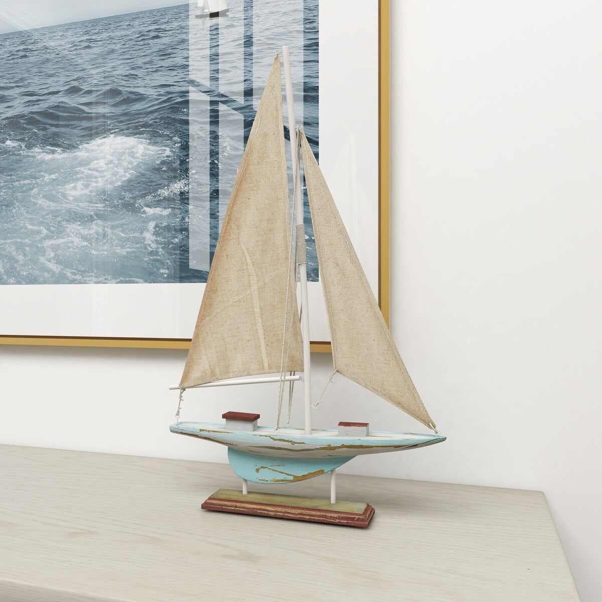 Wood Sail Boat Distressed Decorative Sculpture with Cream Linen Sails and Brown Accents - Blue - Roche River Decor