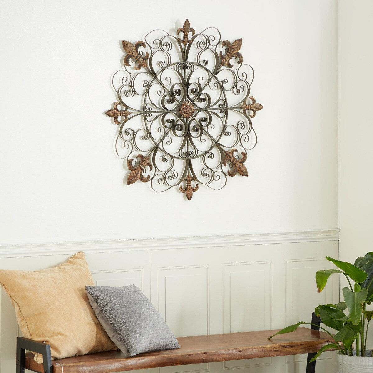 Metal Fleur De Lis Medallion Home Wall Decor with Detailed Scrollwork - Brown - Roche River Decor