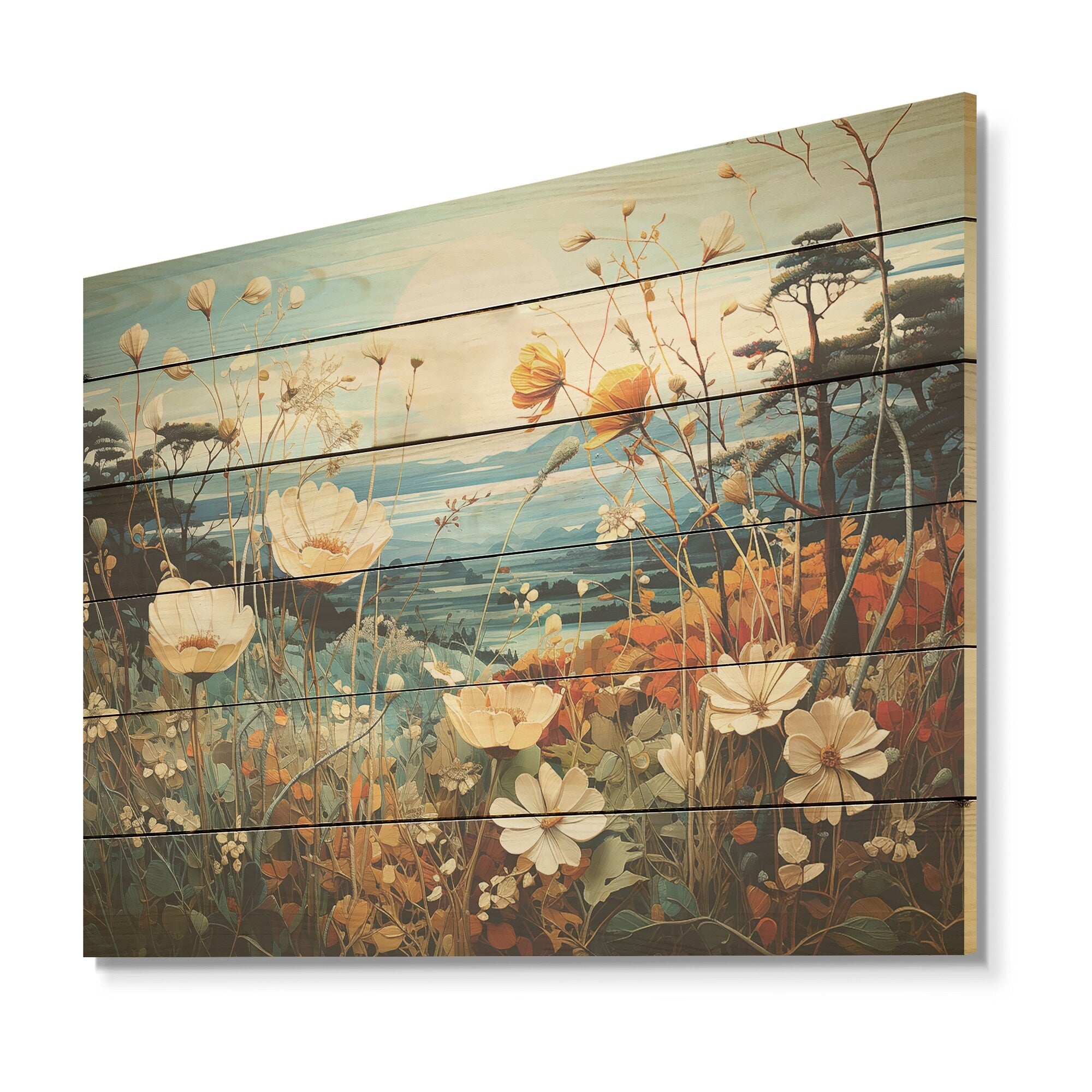 Designart Cool And Calming Flower Blooming Fields Flower Wood Wall Art - Traditional Wood Panel On Natural Pine Wood