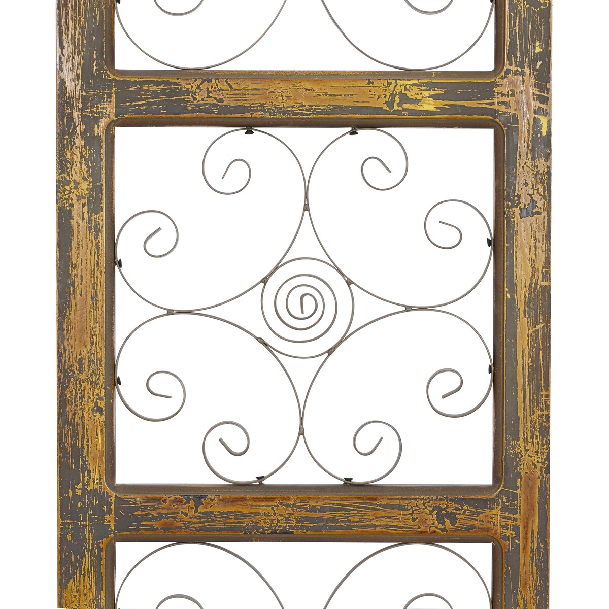 Wood Scroll Distressed Panel Home Wall Decor with Bronze Metal Scrollwork - Brown - Roche River Decor