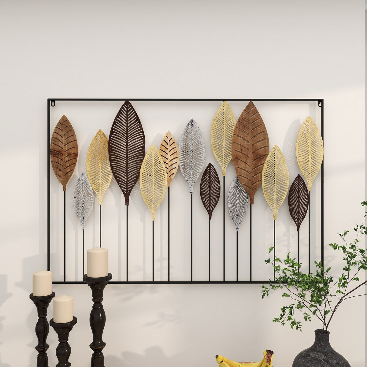 Metal Leaf Tall Cut-Out Home Wall Decor with Intricate Laser Cut Designs - Multi Colored - Roche River Decor