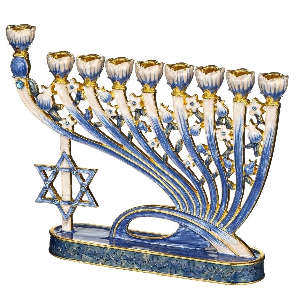 Hand Painted Blue Enamel Menorah Candelabra with Star of David by Matashi