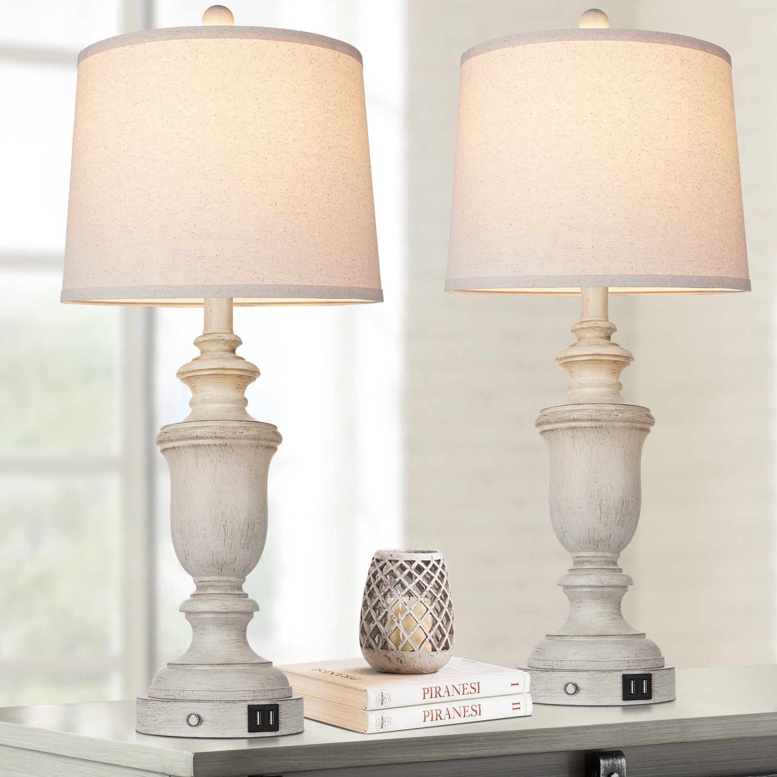 White Resin Table Lamps USB Charging Ports 3-Way Touch Switch (Set of 2) - 12.5'' x 12.5'' x 25.6'' (L x W x H)