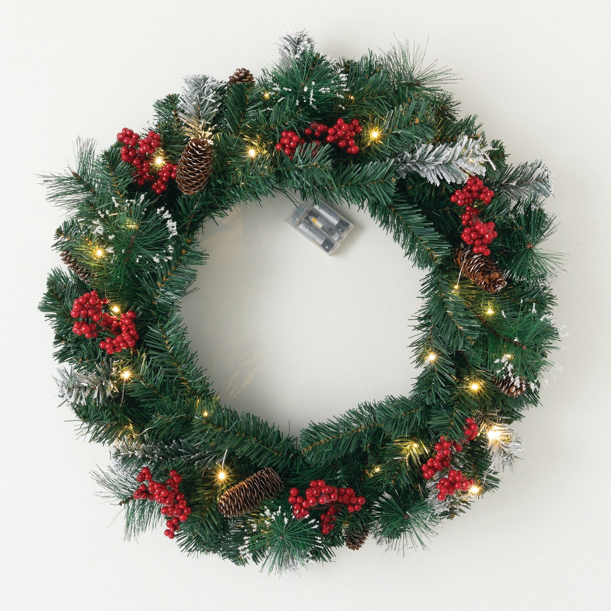 Sullivans Artificial 24 LED Mixed Pine Christmas Wreath with Flocking, Pinecones and Berries, Green