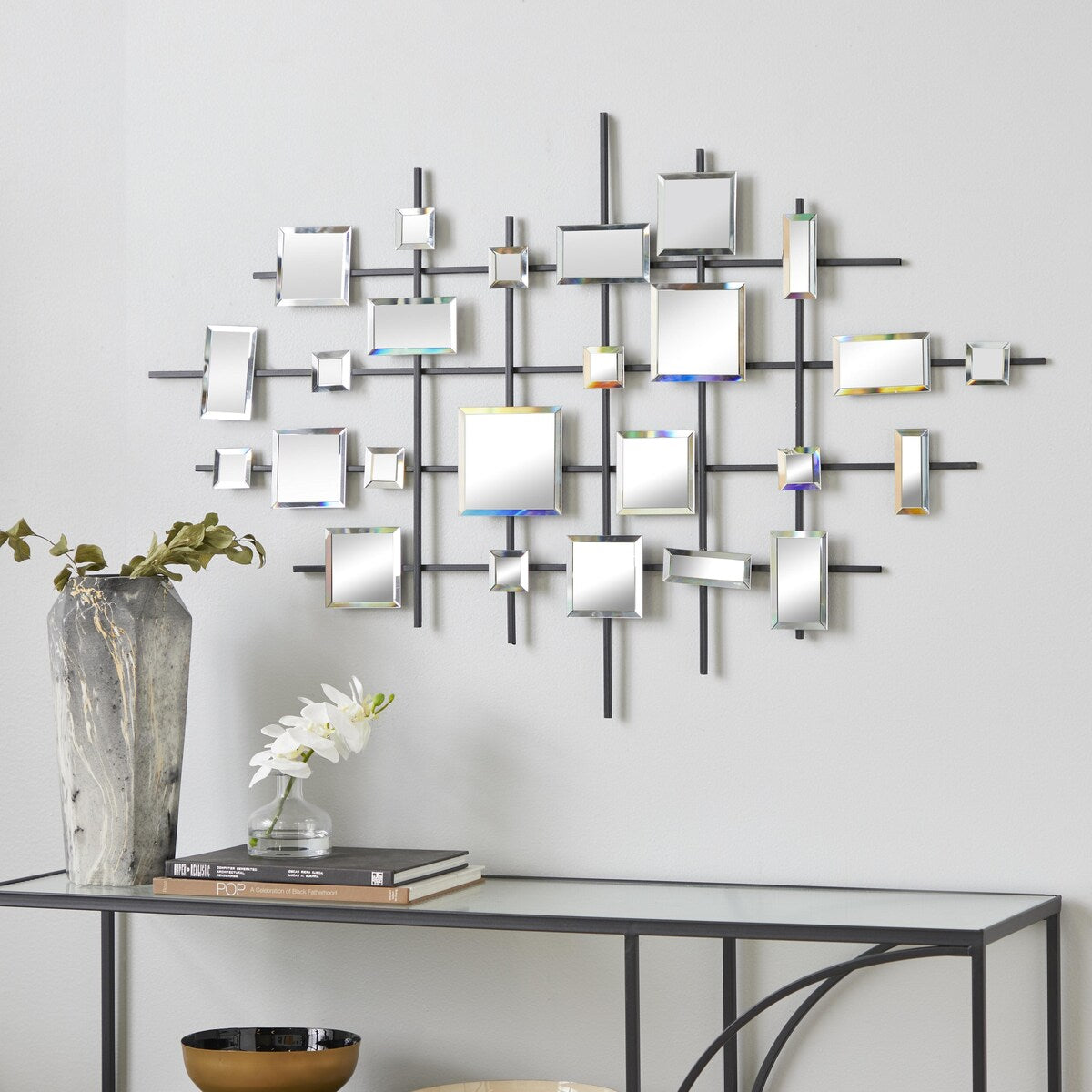 Metal Geometric Home Wall Decor with Square Mirrored Accents - Black - Roche River Decor