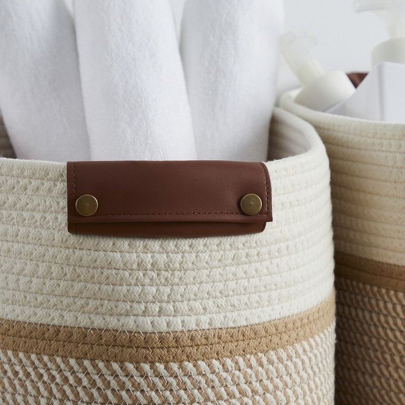 3 Pack Woven Cotton Rope Shelf Storage Basket with Leather Handles, Baby Nursery Storage Bin Organizers, Closet Shelf Storage