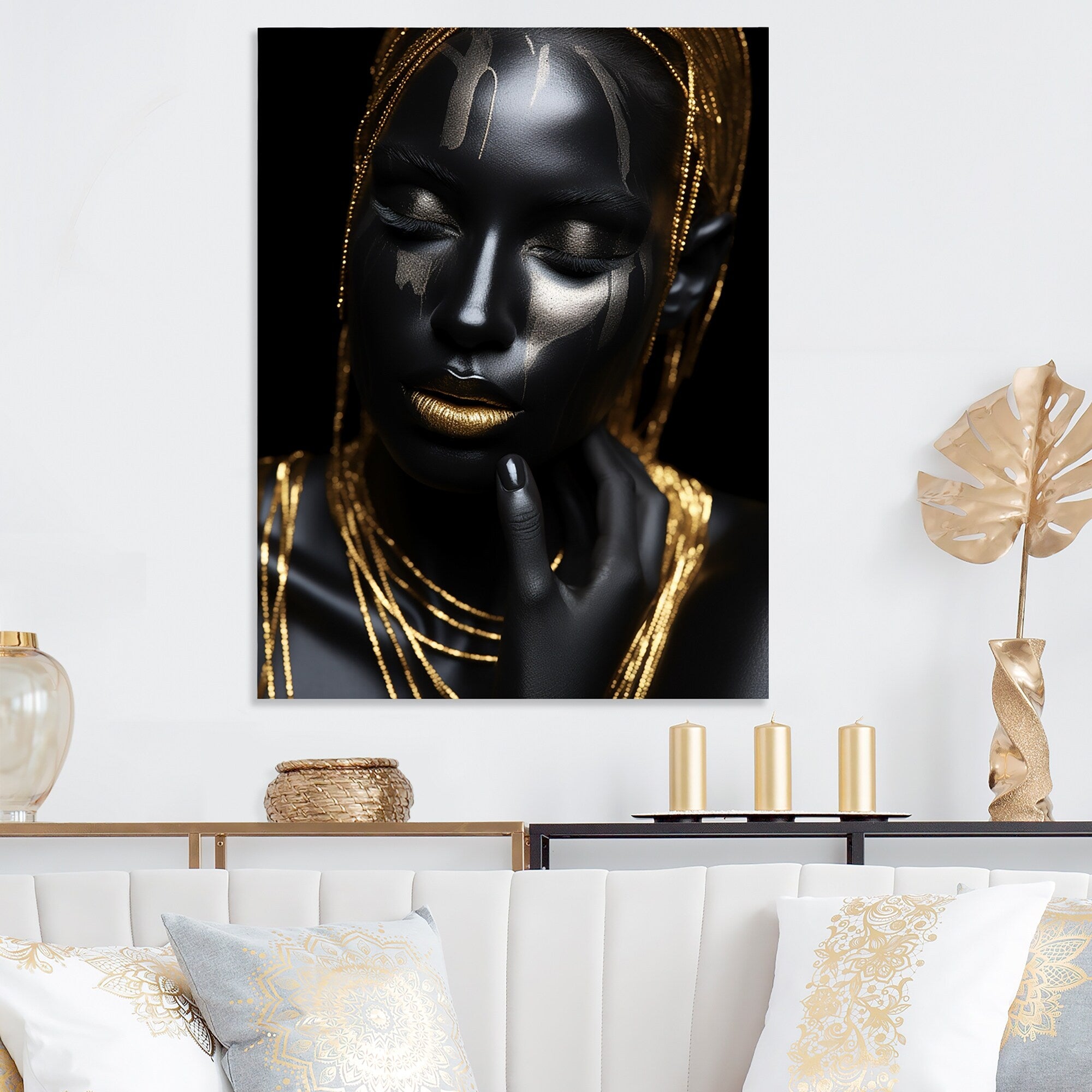 Designart Black And Gold Feminine Essence Portrait IV Woman Portrait Black Metal Wall Art - Modern Metal Art Work