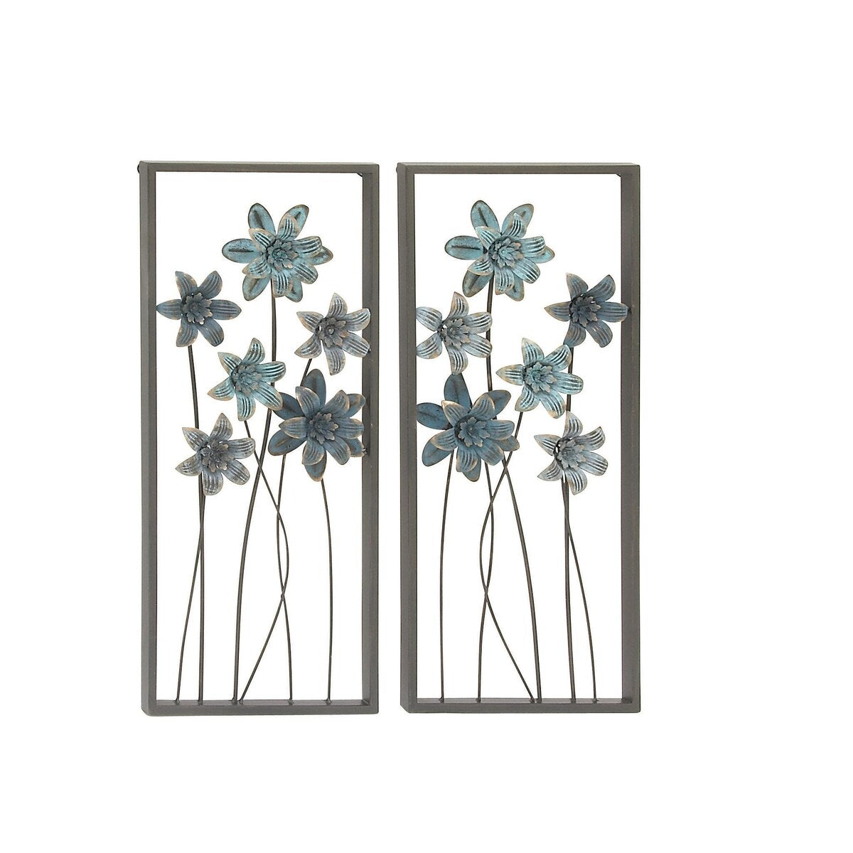 Metal Floral Home Wall Decor with Black Frames and Gold Accents - Set of 2 Teal - Roche River Decor