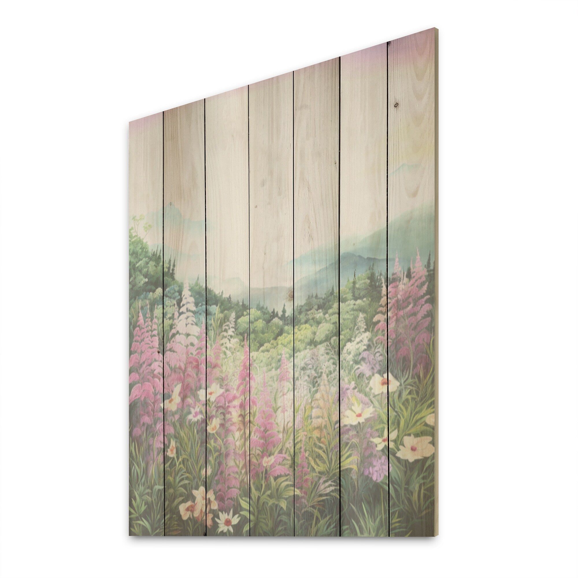 Designart Pink Ferns Hill In Canada Flowers Wood Wall Decor - Traditional Green Wood Panel On Natural Pine Wood