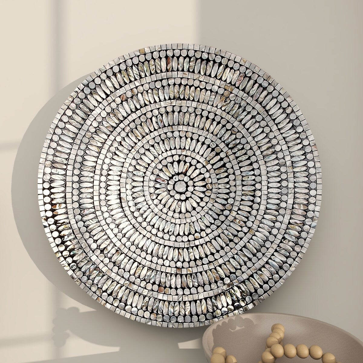 Mother of Pearl Shell Plate Handmade Mosaic Home Wall Decor with Beige and Black Accents - Gray - Roche River Decor