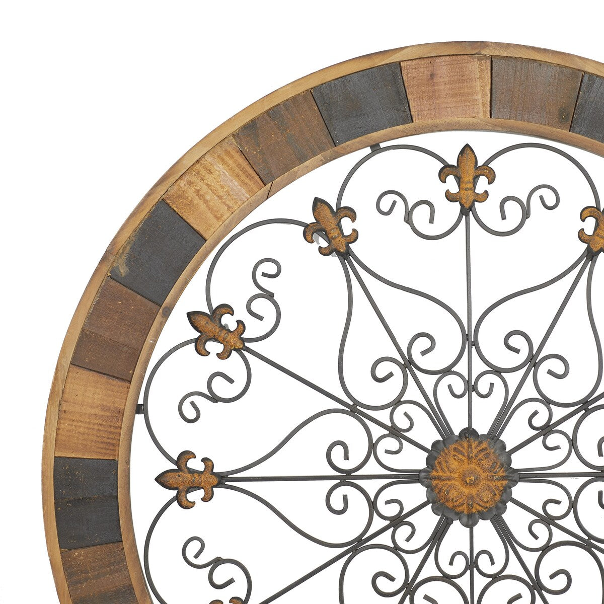 Wood Scroll Medallion Home Wall Decor with Metal Fleur-De-Lis Detail - Brown - Roche River Decor