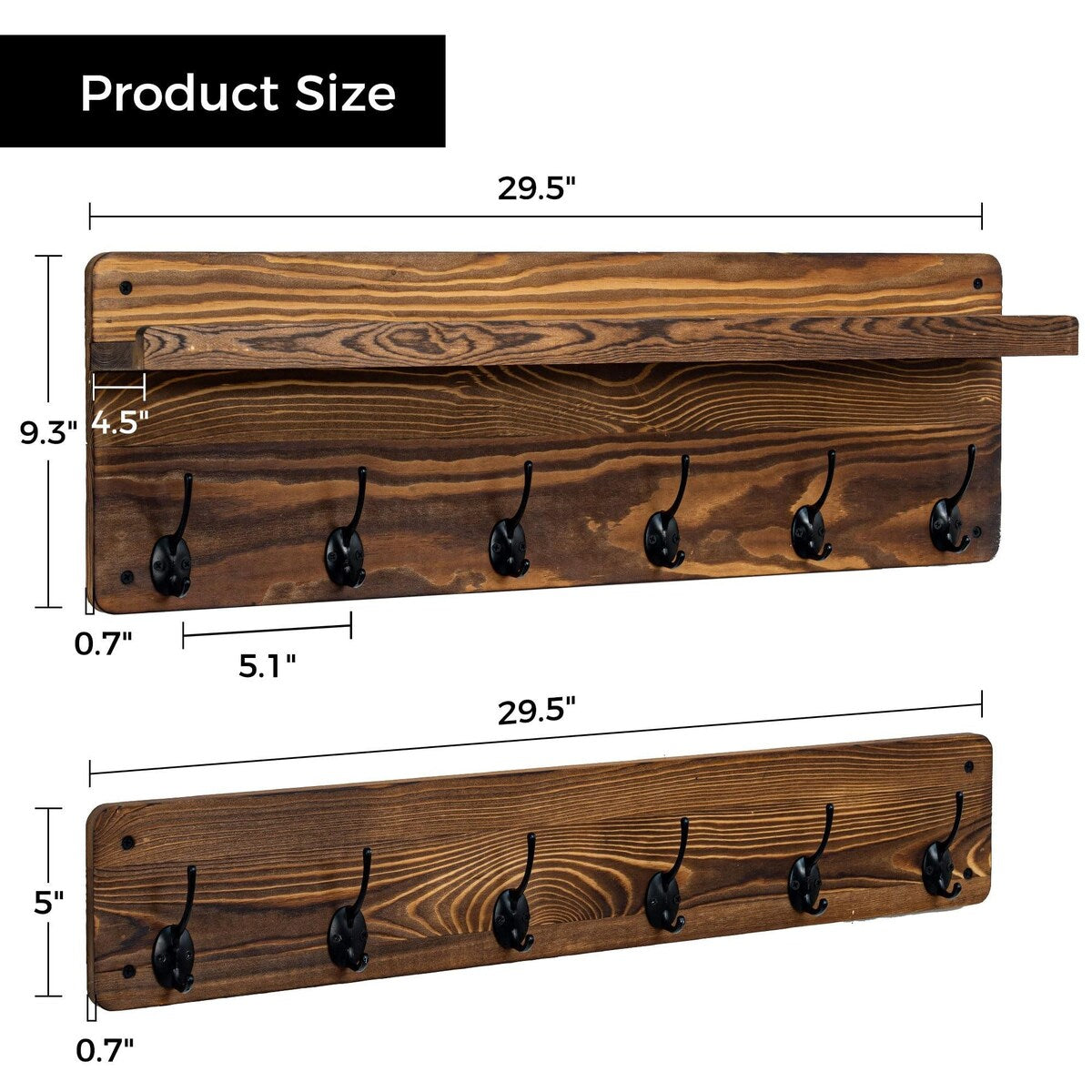 Solid Wood Wall 12 - Hook Coat Rack with Shelf