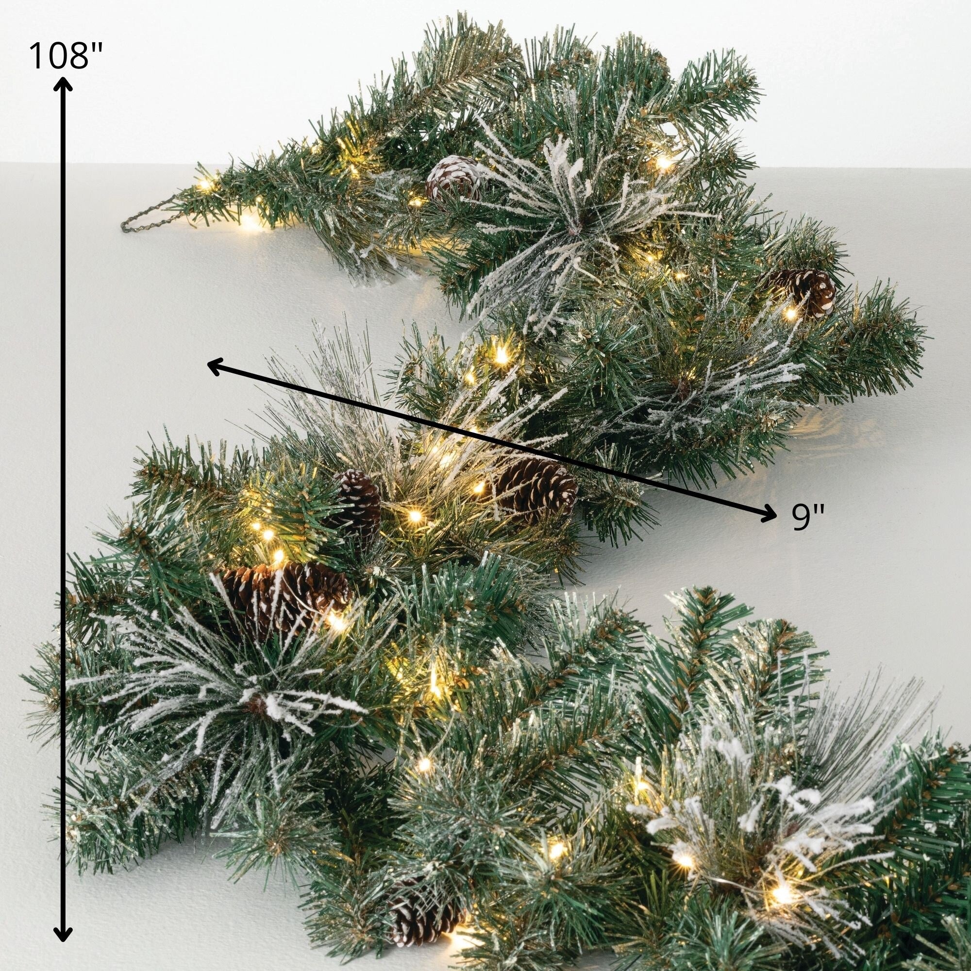 Sullivans Artificial 9' Flocked LED Pine Christmas Garland with Pinecones, Green, Indoor Christmas Decor