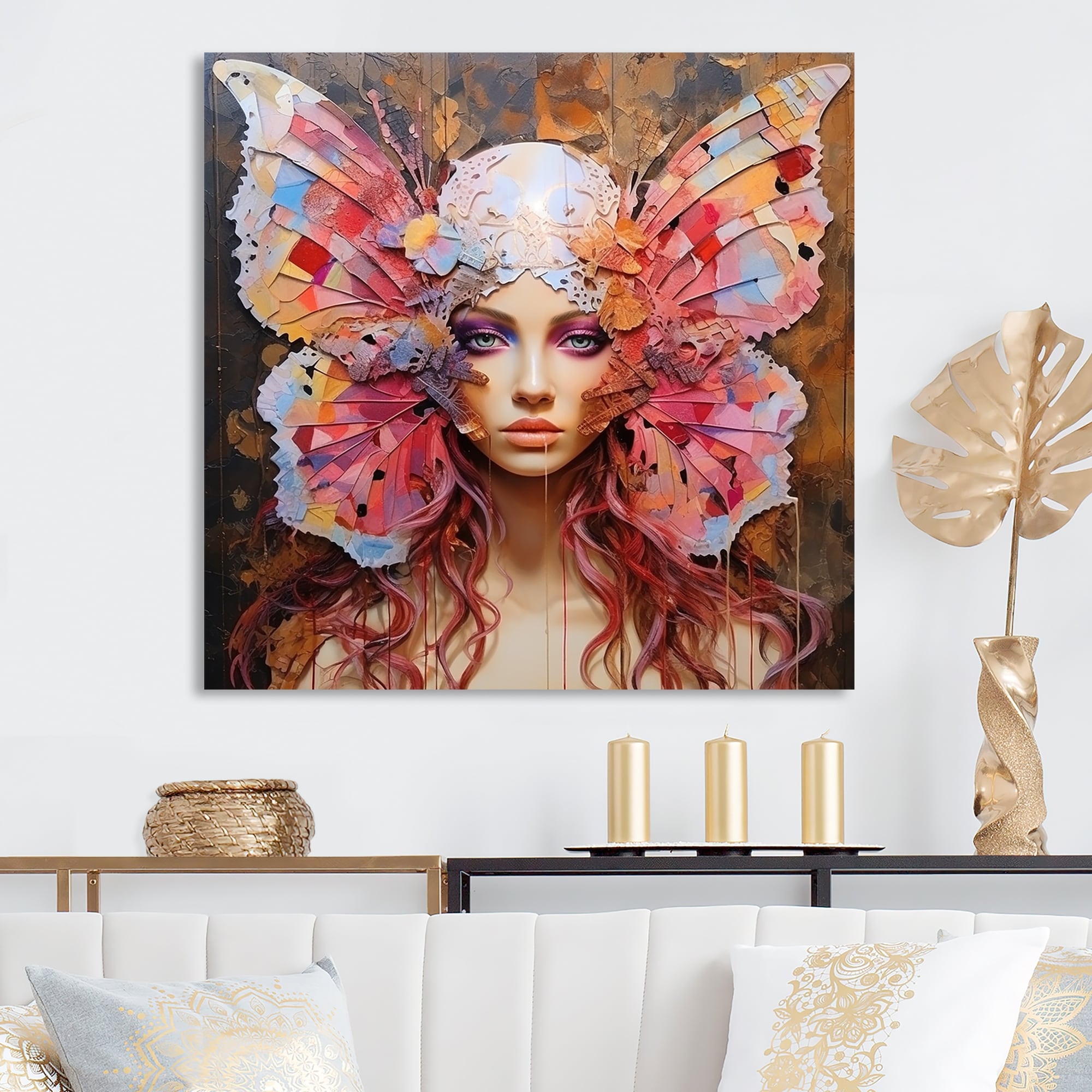 Designart Pink Butterfly Glamour Woman Portrait I Woman Glam Metal Wall Art Pink Metal Wall Décor Glam Metal Art Work