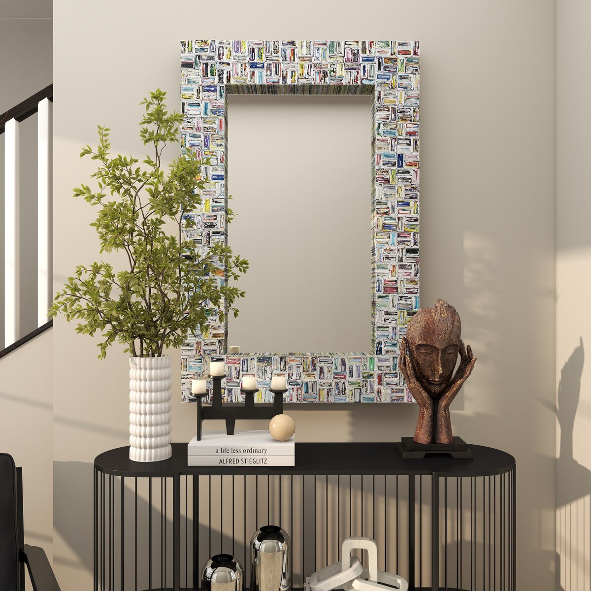 Paper Handmade Recycled Magazine Frame Room Wall Mirror - Multi Colored - Roche River Decor