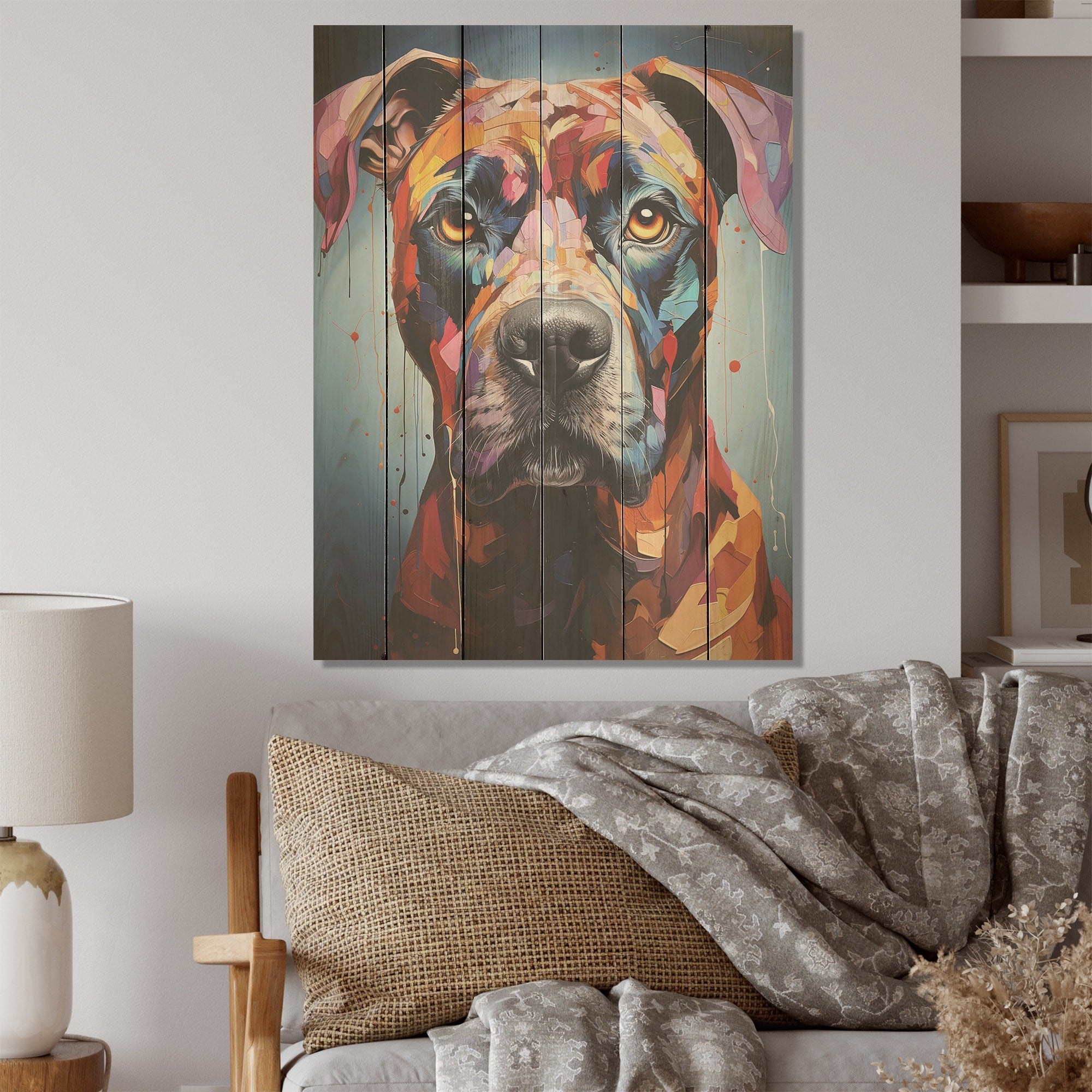 Designart Boxer Boldness Dog Wood Wall Decor - Modern Blue Wood Panel On Natural Pine Wood