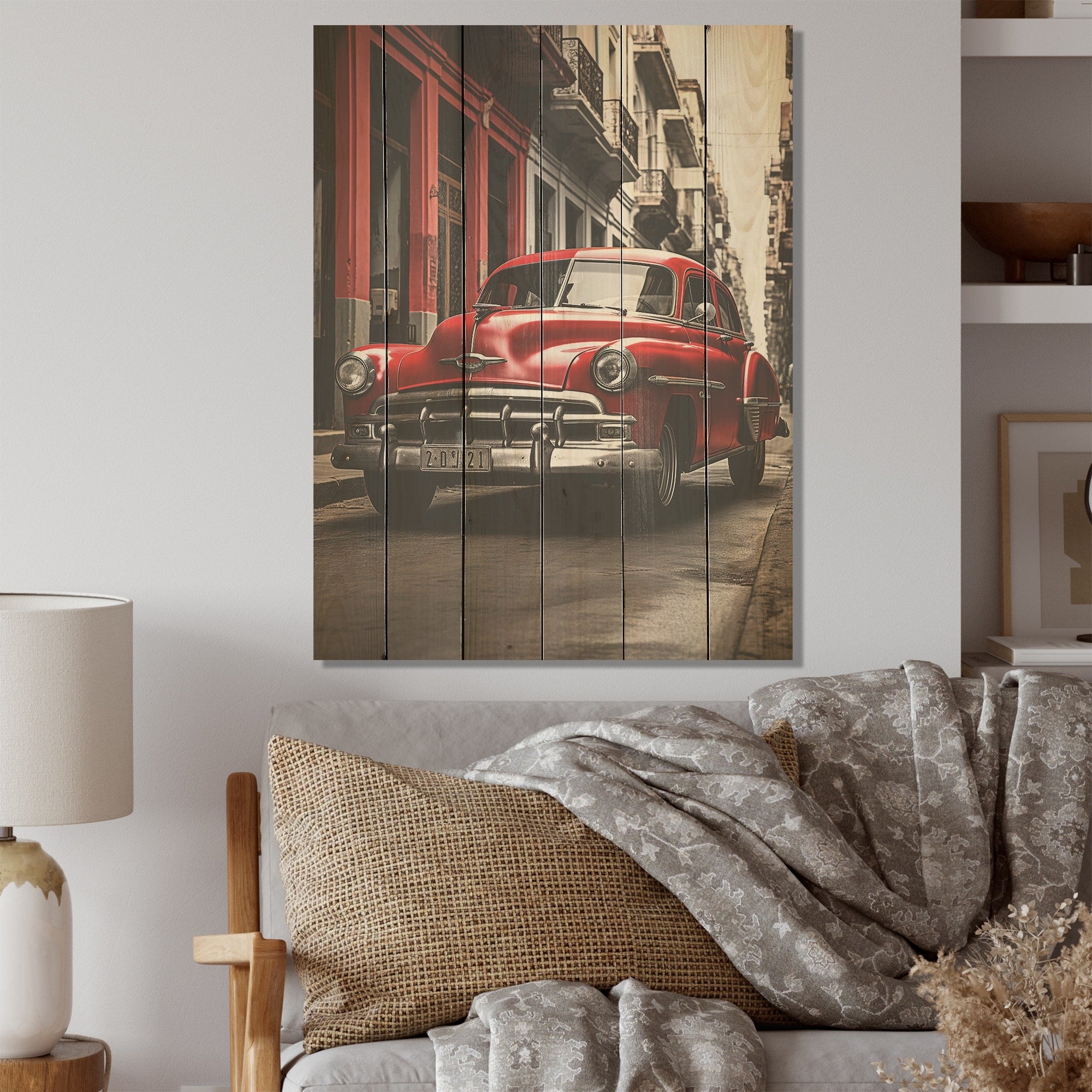 Designart Red Cuban Car Heritage Cuba Landscape Wood Wall Decor - Traditional Red Wood Panel On Natural Pine Wood