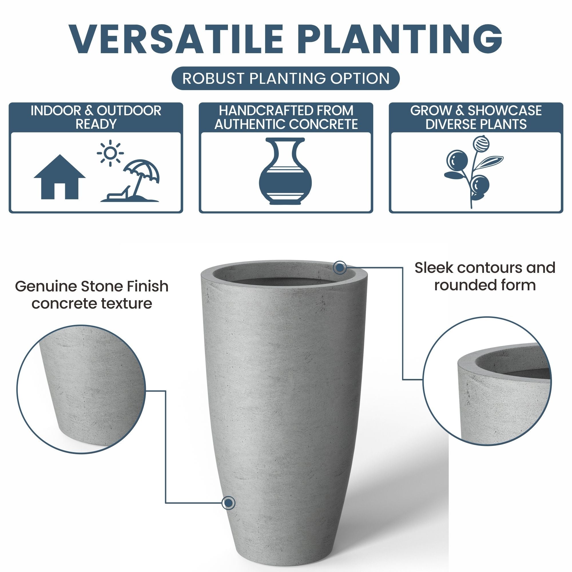 Tall Concrete Round Plant Pots / Large Indoor and Outdoor flower Planters