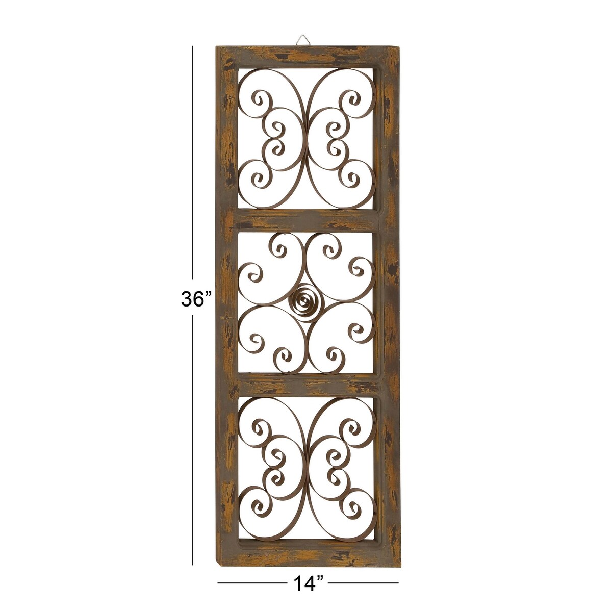 Wood Scroll Distressed Panel Home Wall Decor with Bronze Metal Scrollwork - Brown - Roche River Decor