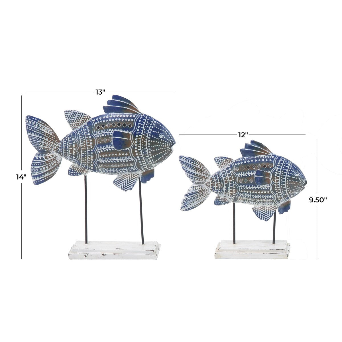 Polystone Fish Tribal Patterned Decorative Sculpture with White Carvings and Mirrored Accent - Set of 2 Blue - Roche River Decor