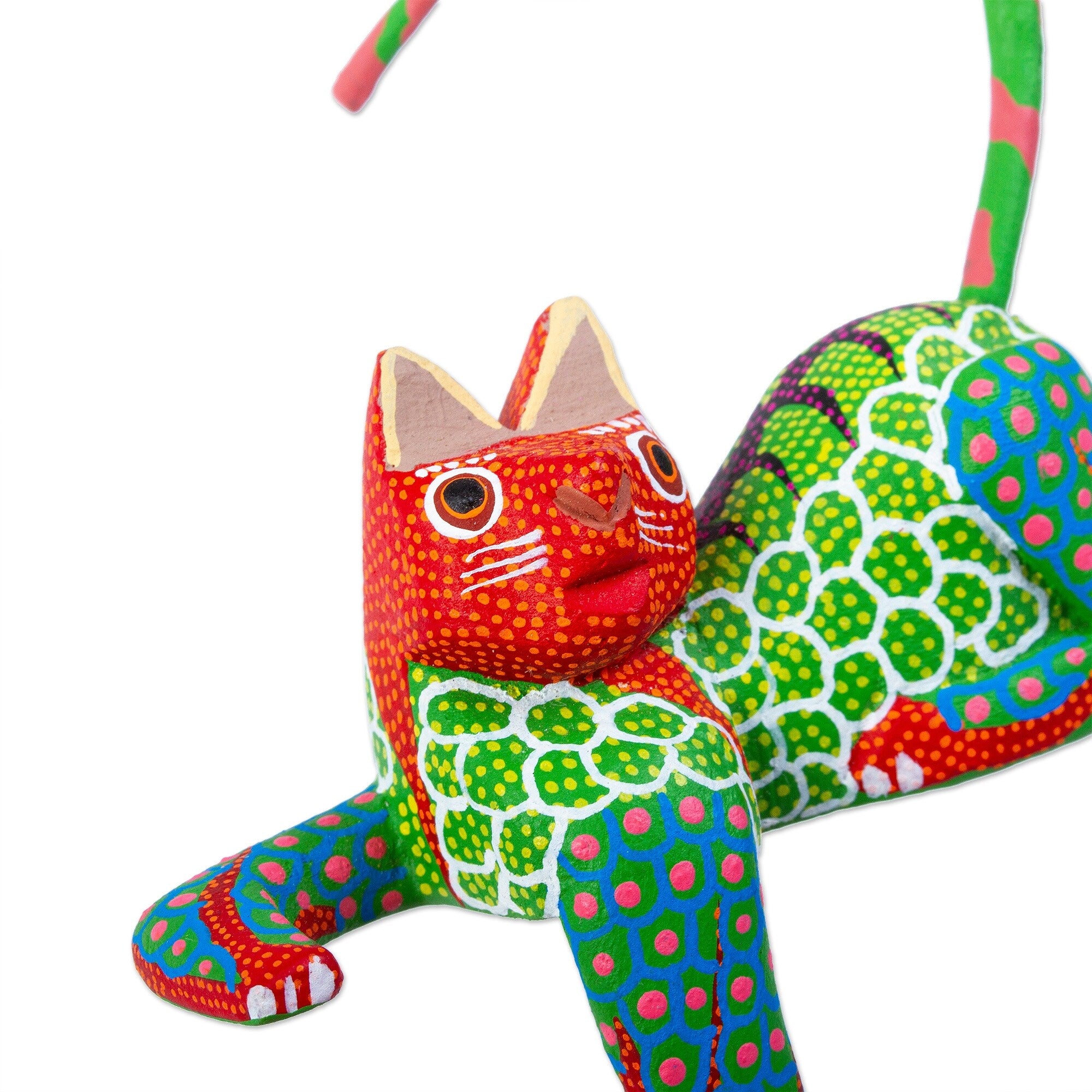 Novica Handmade Lounging Cat In Green Wood Alebrije Figurine