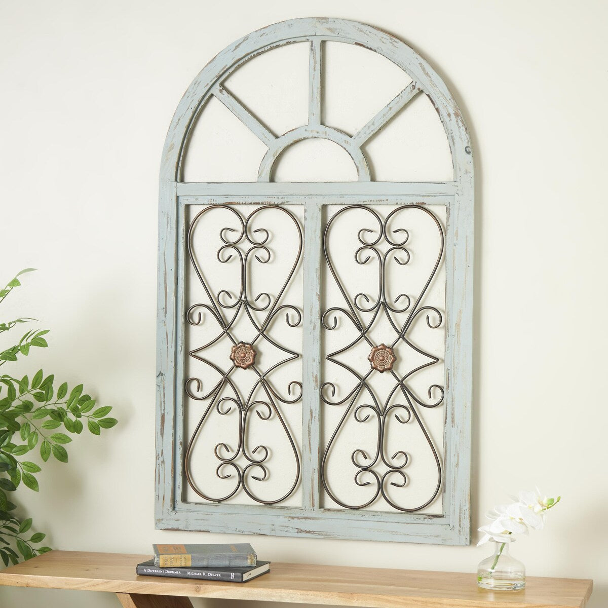 Wood Scroll Arched Window Inspired Home Wall Decor with Metal Scrollwork Relief - Light Blue - Roche River Decor