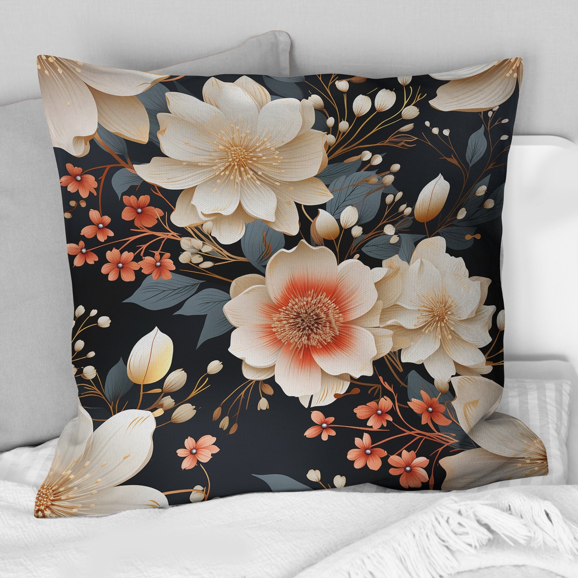 Designart Black Beige Garden Flower Serenade Floral Printed Throw Pillow