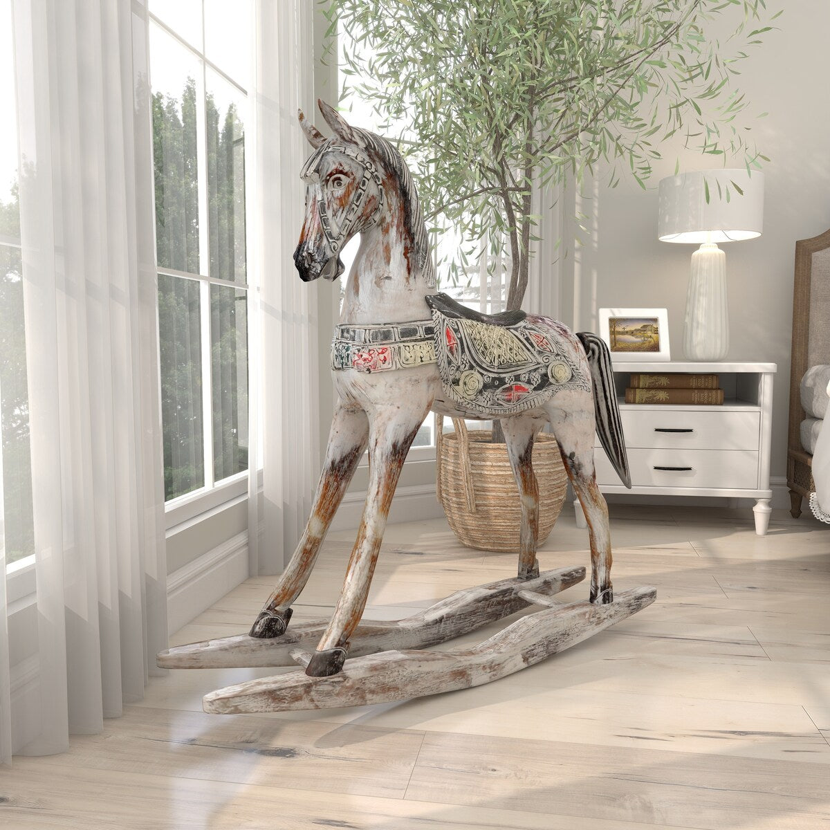 Wood Horse Rocking Decorative Sculpture with Brown Distressing and Colorful Accents - Beige - Roche River Decor