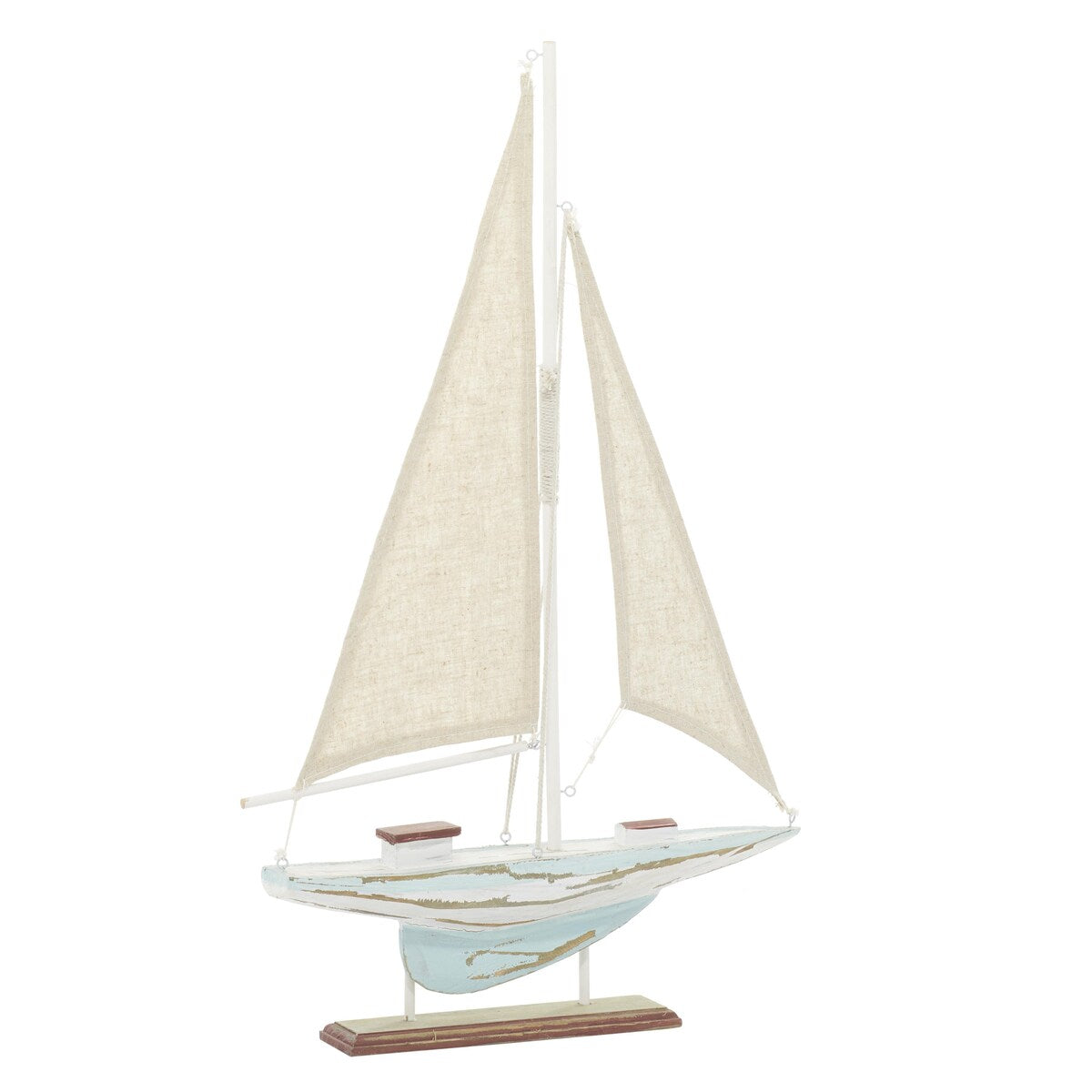 Wood Sail Boat Distressed Decorative Sculpture with Cream Linen Sails and Brown Accents - Blue - Roche River Decor