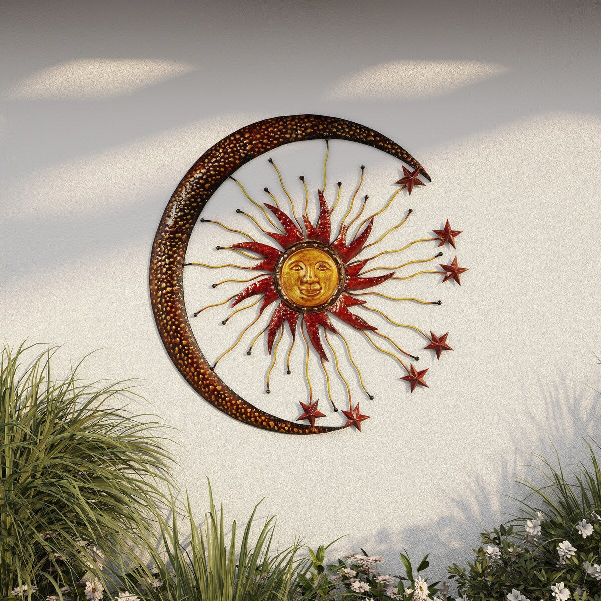 Metal Sun and Moon Indoor Outdoor Home Wall Decor with Stars - Copper - Roche River Decor