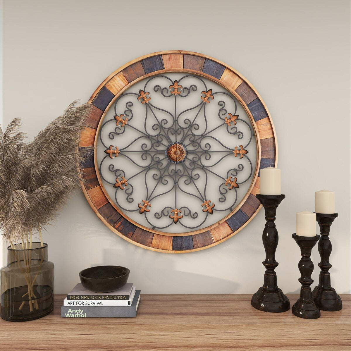 Wood Scroll Medallion Home Wall Decor with Metal Fleur-De-Lis Detail - Brown - Roche River Decor