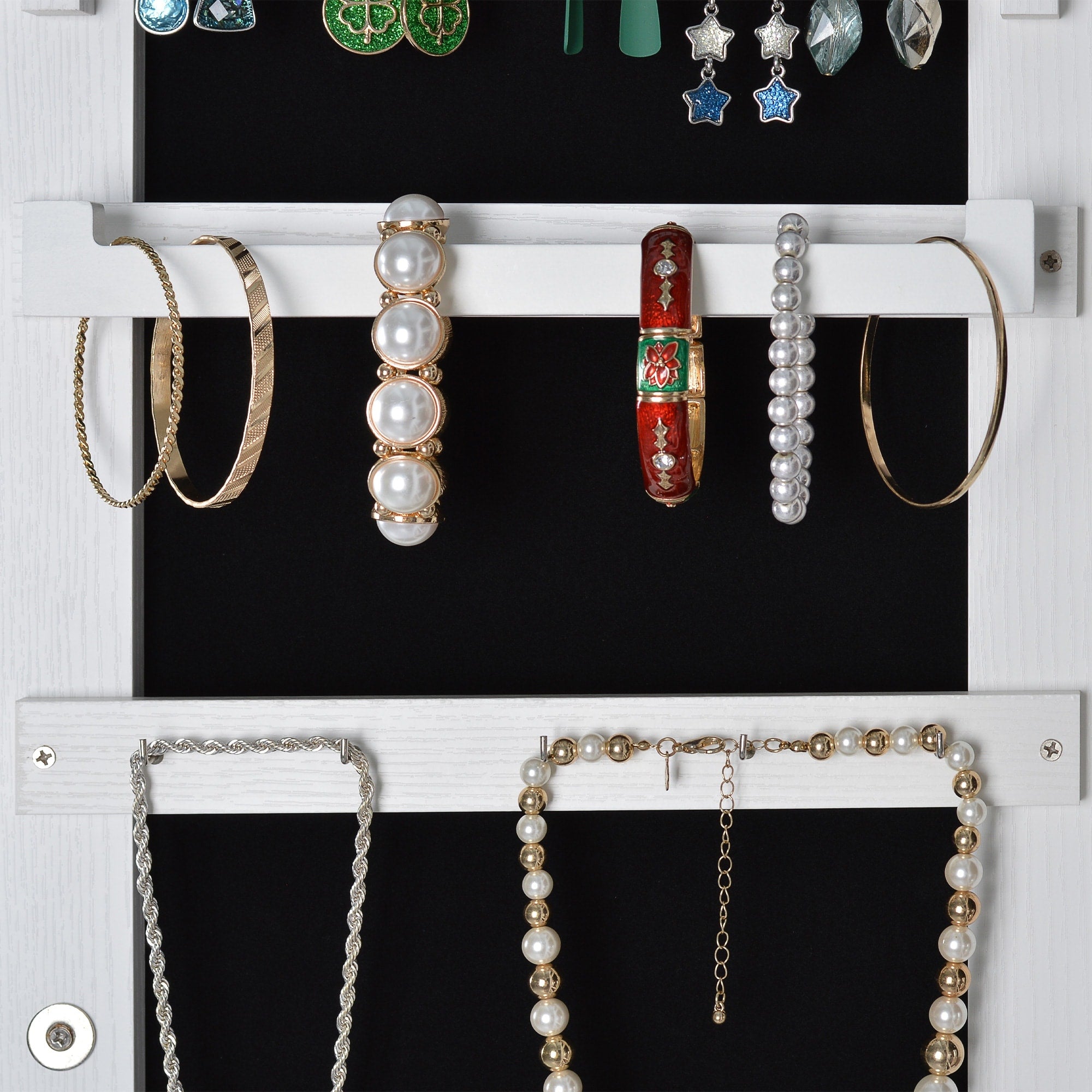 Full Mirror Jewelry Storage Cabinet with LED Light, Wall and Door Mountable