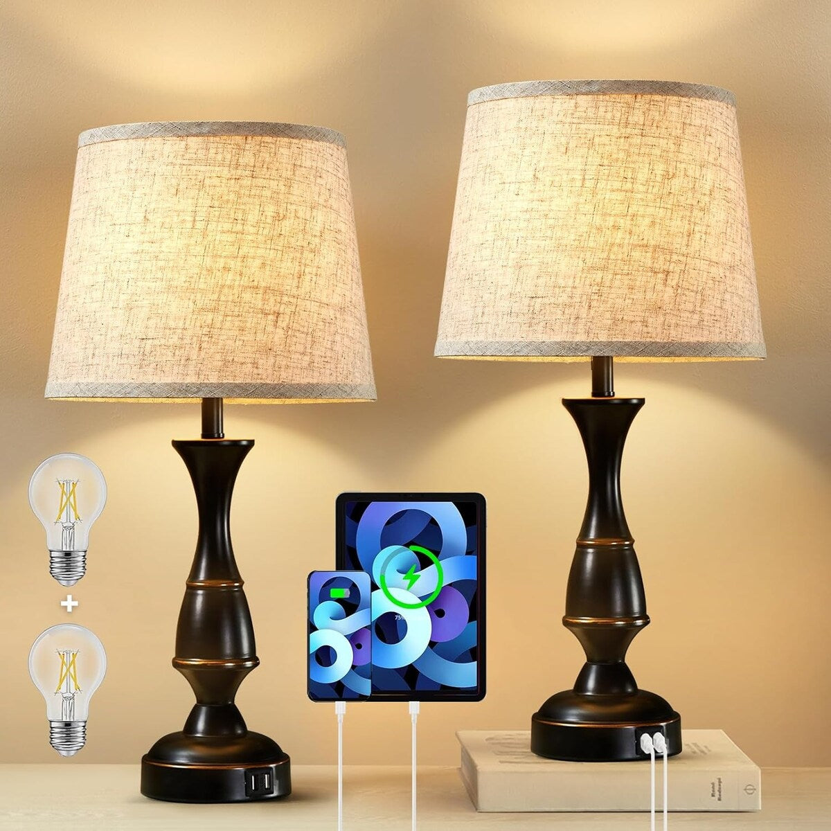 Table Lamps with 2 USB Charging Ports, 3 Ways Dimmable Touch Control Nightstand Bedside Lamps Bedroom Decor