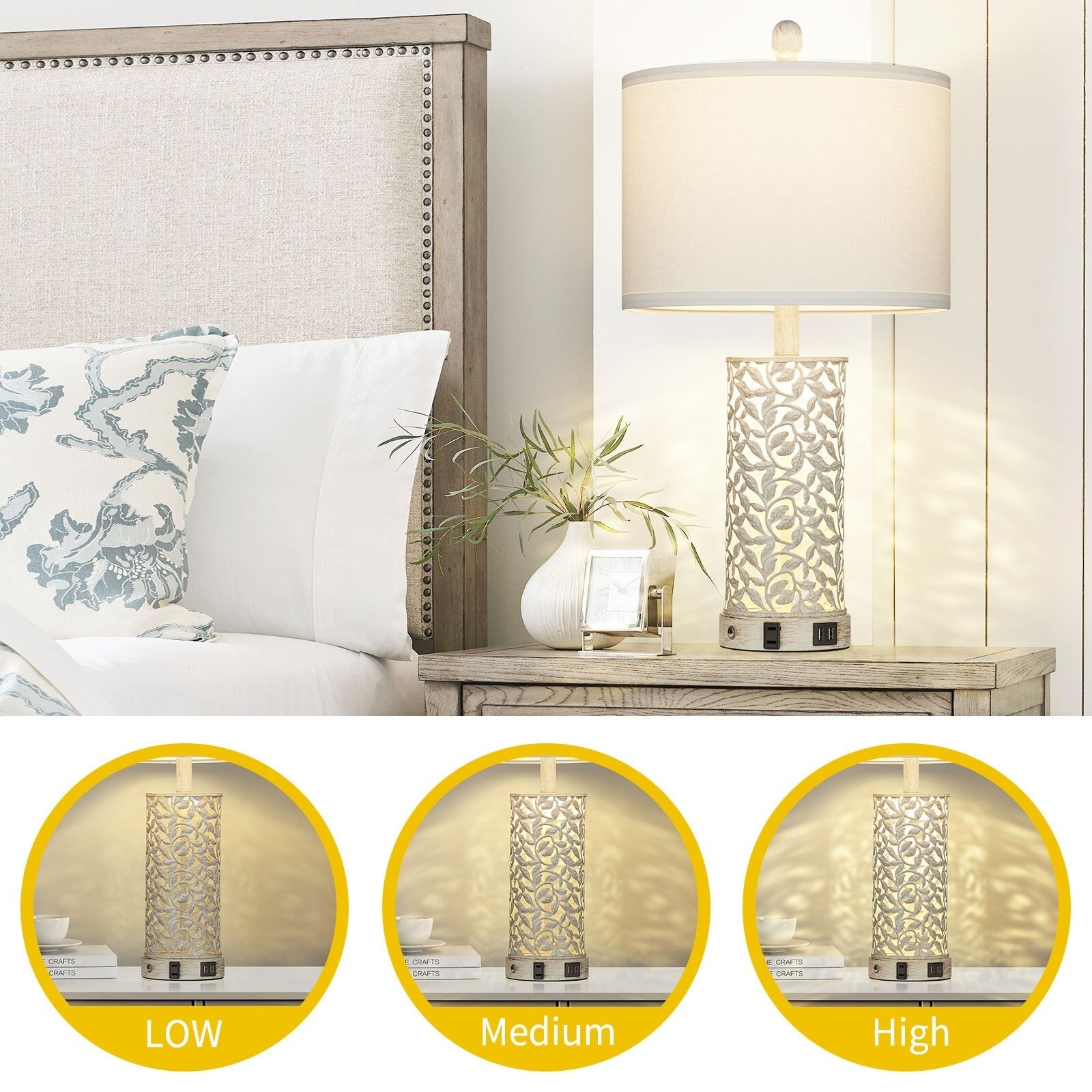 Table Lamps Nightlight 2in1 White with Gold Metal USB Ports AC Outlet Touch Switch(Set of 2)