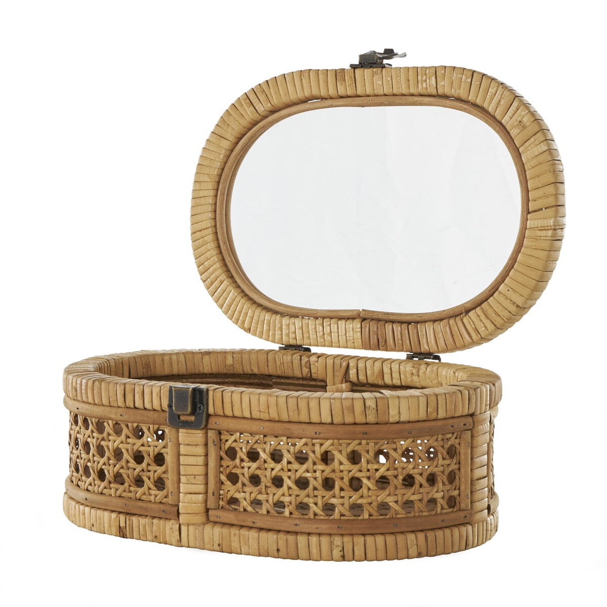 Rattan Handmade Wrapped Oval Storage Decorative Box with Cane Panels and Tempered Glass Top - Set of 2 Brown - Roche River Decor