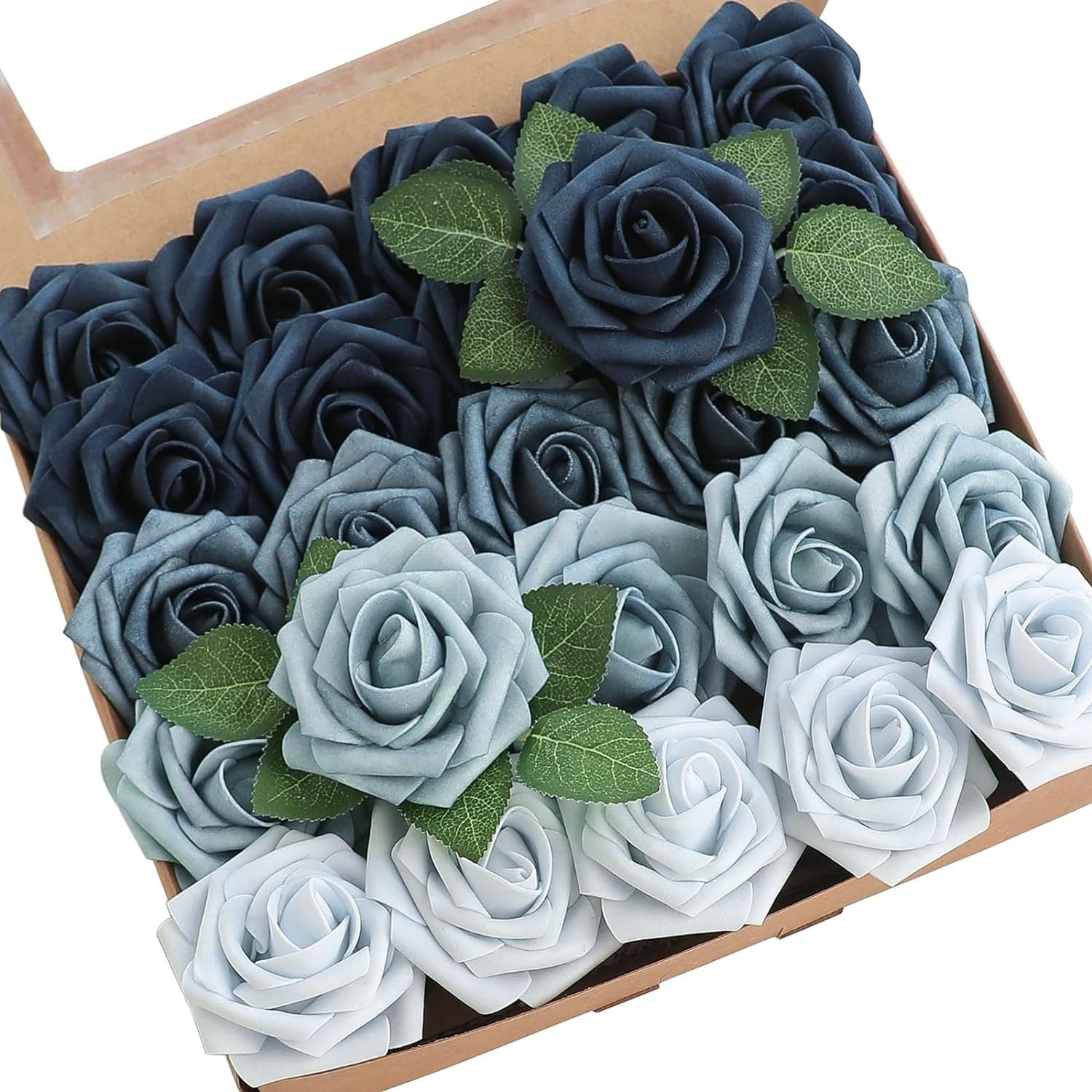 25pcs Blue Ombre Artificial Roses with Stems - Realistic Foam Flowers