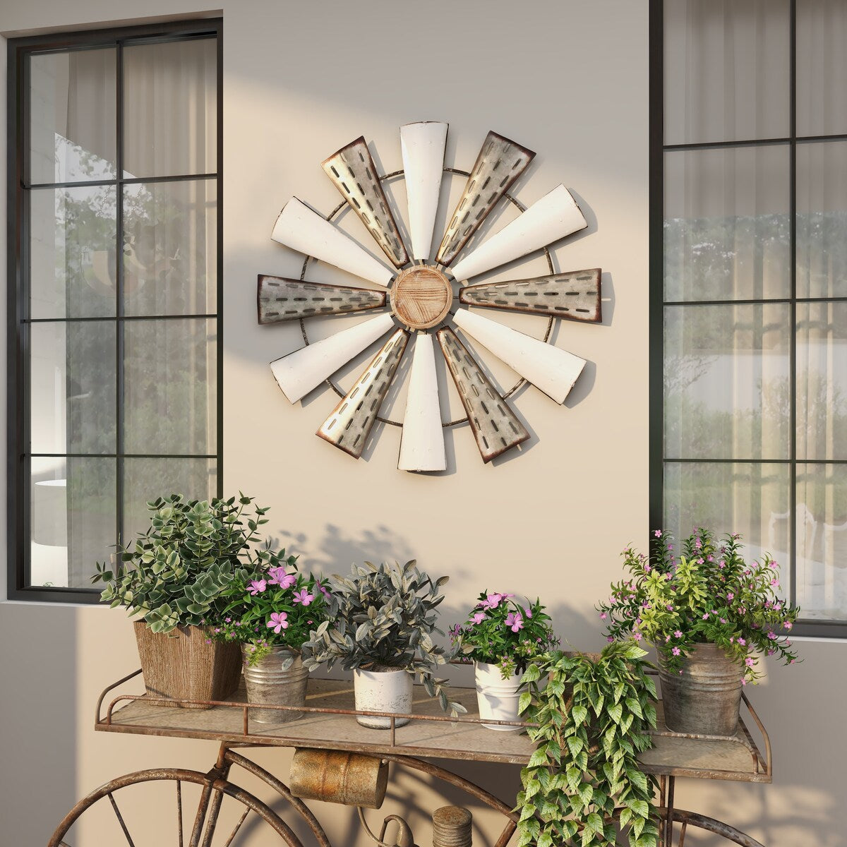 Metal Windmill Home Wall Decor with Galvanized Metal Accents - White - Roche River Decor