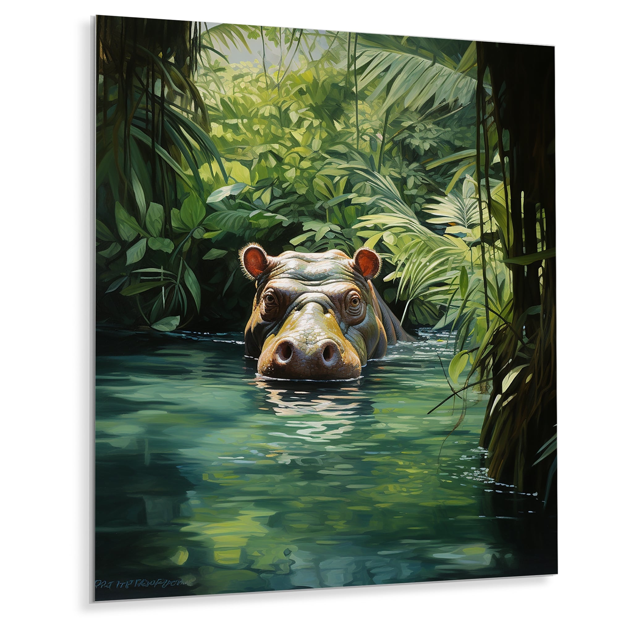 Designart Hippo Secret Hideaway I Hippopotamusmetal Wall Art - Green Metal Wall Décor Modern Metal Art Work