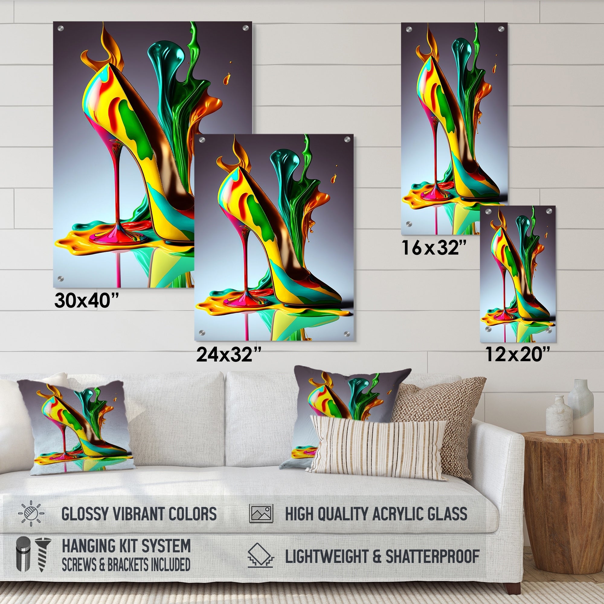 Designart Multicolor Glass High Heel Shoe III Fashion Gloss Wall Decor Green - Glam Acrylic Wall Art For Bedroom