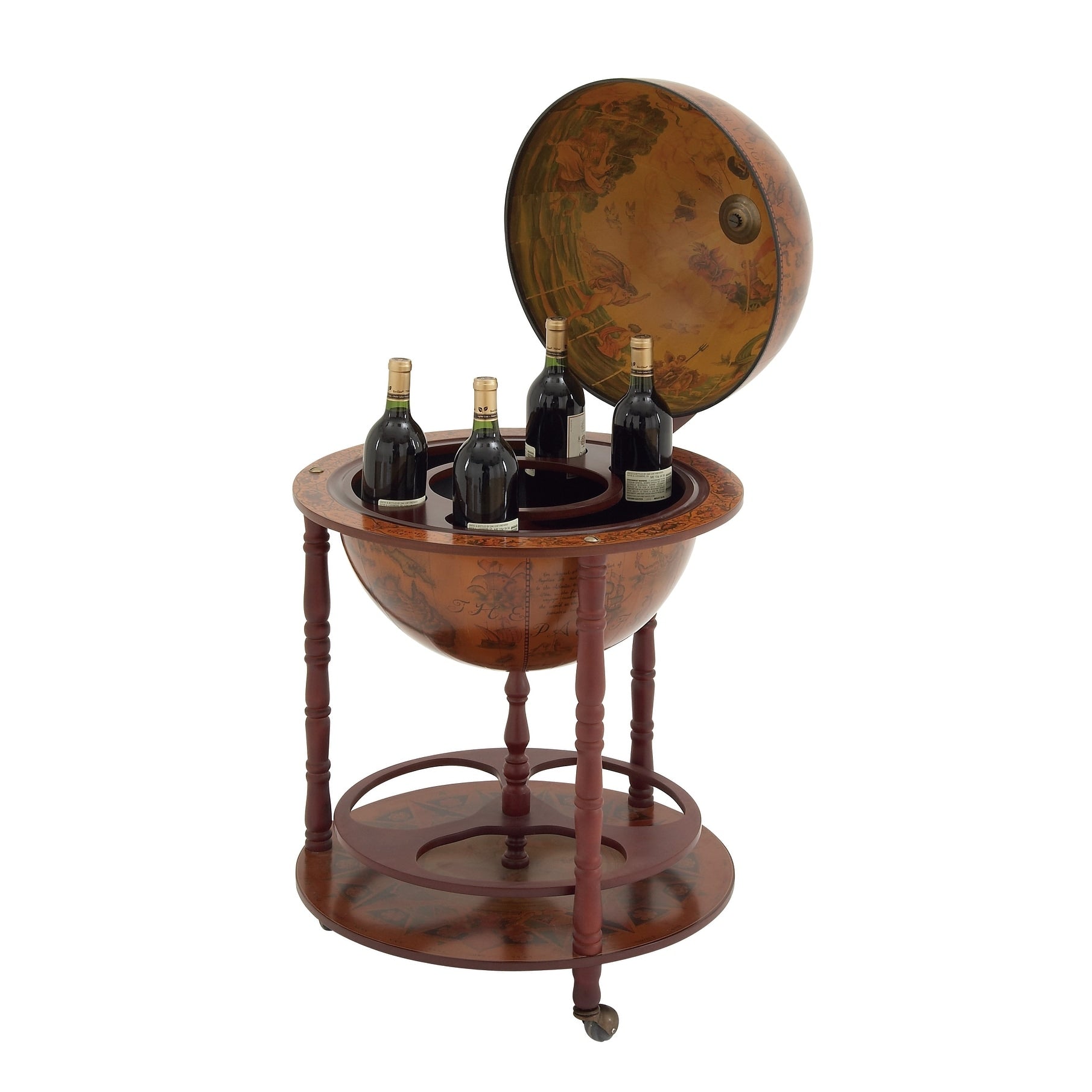 Brown Wood Traditional Wine Storage Glass Globe Cabinet Bar - 22 x 22 x 37