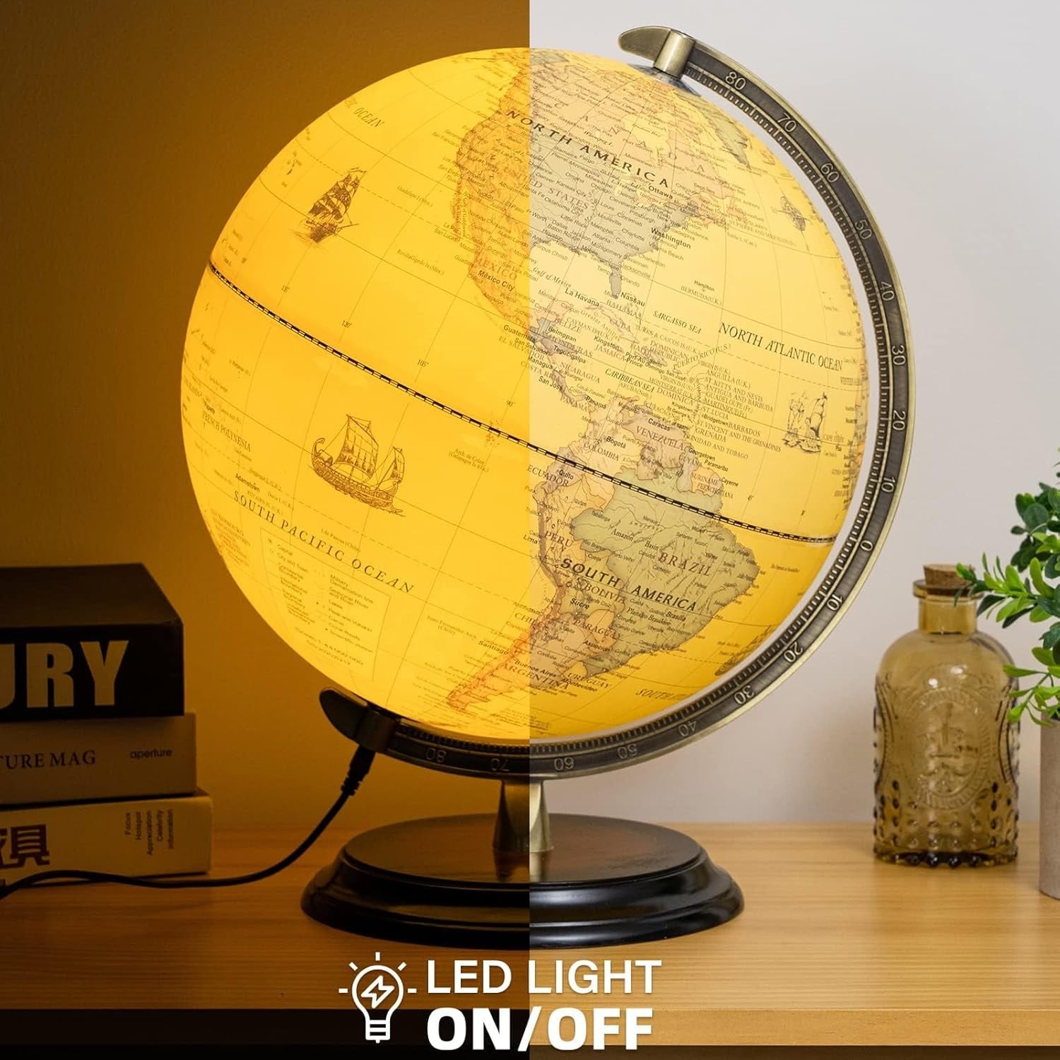 BSHAPPLUS 12 Led Illuminated World Globe Vintage World Globe with Stand Yellow