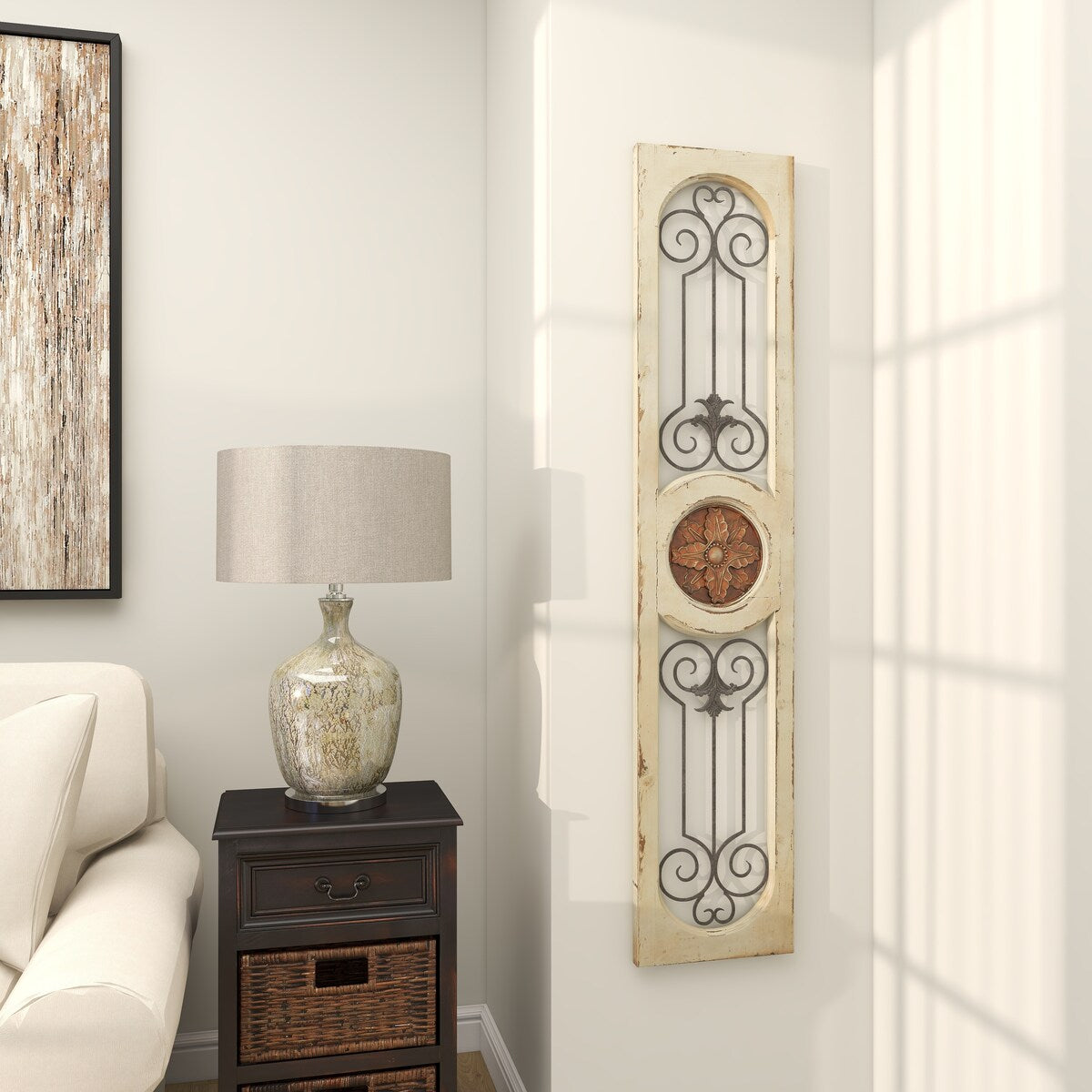 Wood Scroll Distressed Door Inspired Ornamental Home Wall Decor with Metal Wire Details - White - Roche River Decor