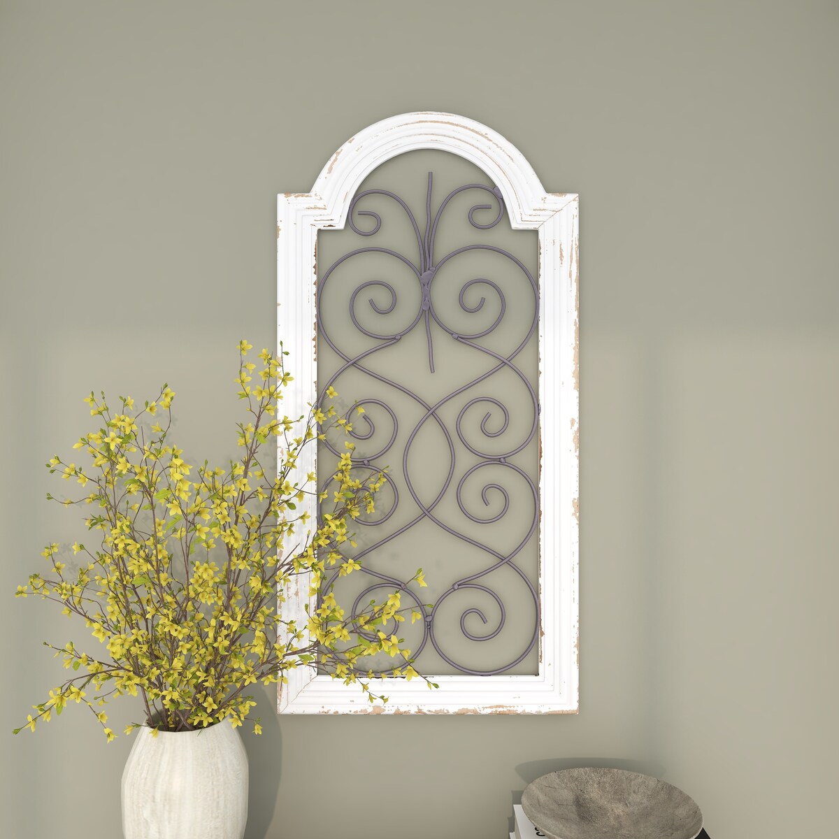 Wood Scroll Arched Window Inspired Home Wall Decor with Metal Scrollwork Relief - White - Roche River Decor