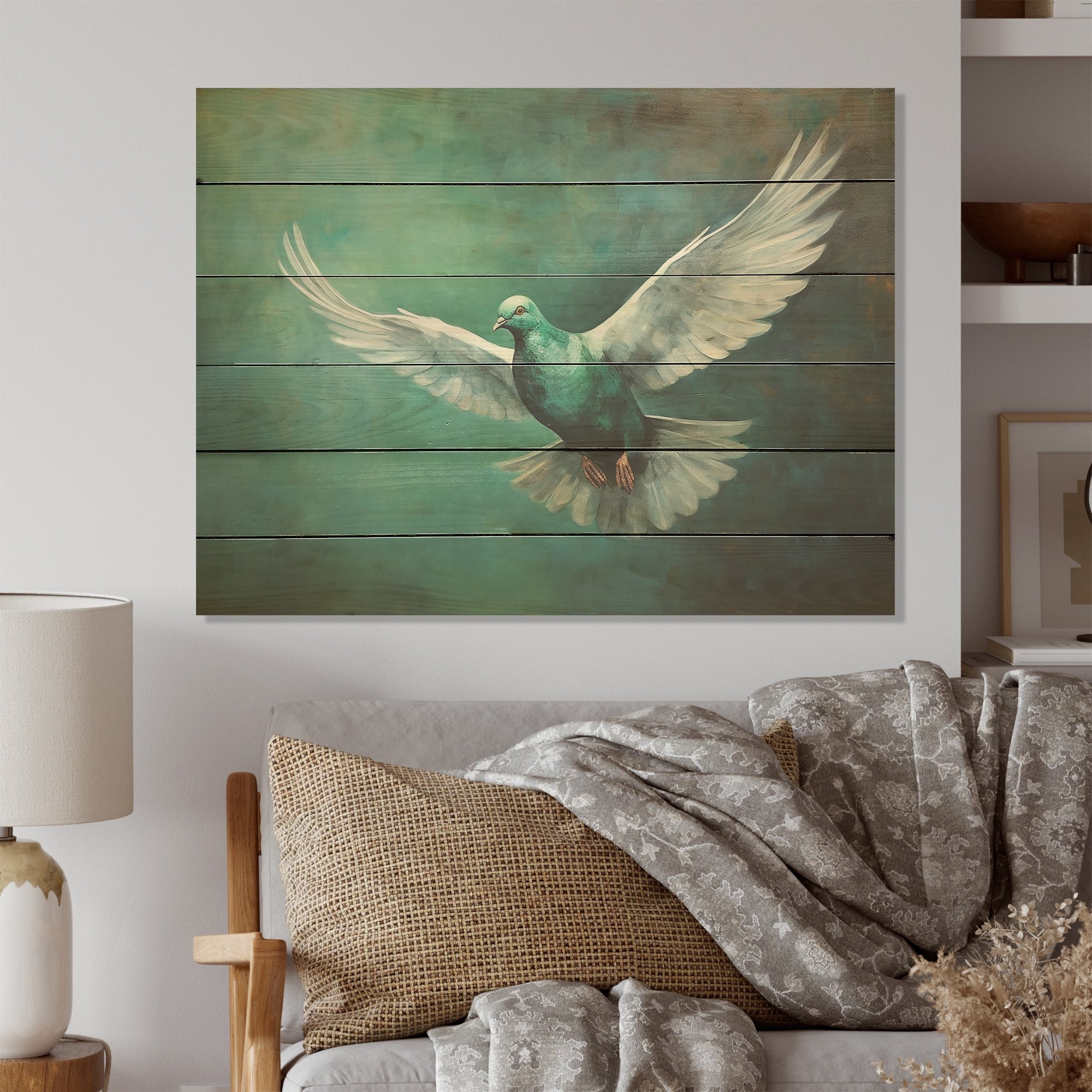 Designart Teal Dove S Journey Dove Wood Wall Decor - Modern Blue Wood Panel On Natural Pine Wood