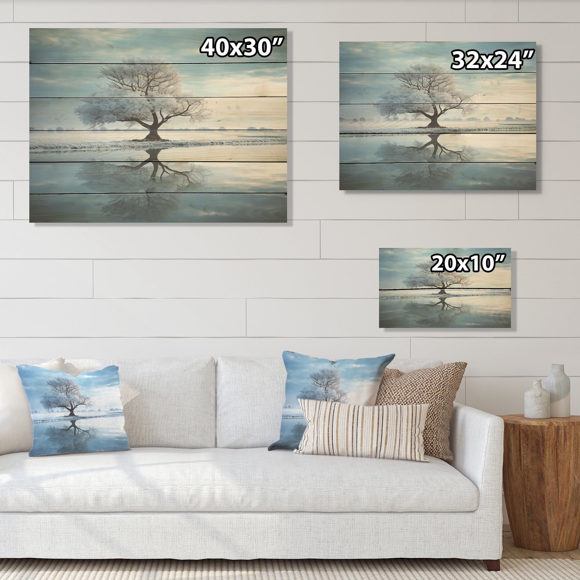 Designart Winter Landscape White By The Lake I Winter Landscape Wood Wall Decor Blue Wood Panel On Natural Pine Wood