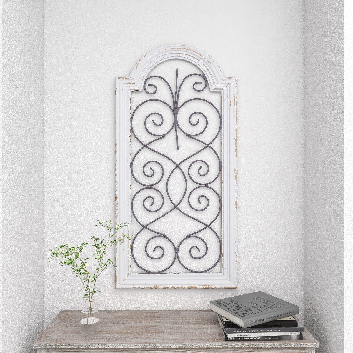 Wood Scroll Arched Window Inspired Home Wall Decor with Metal Scrollwork Relief - White - Roche River Decor