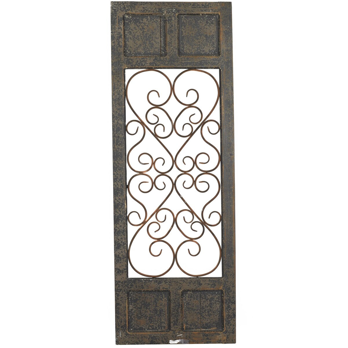 Wood Scroll Window Inspired Panel Home Wall Decor with Copper Metal Scrollwork - Brown - Roche River Decor