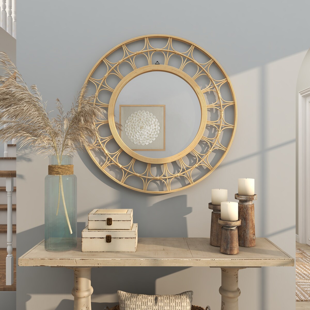 Bamboo Wood Geometric Handmade Woven Room Wall Mirror with Arch Design - Brown - Roche River Decor