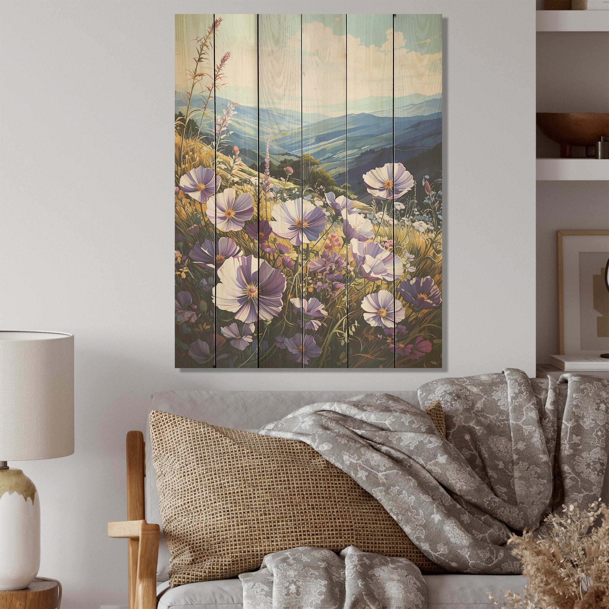 Designart Purple Flowers Morning Glory Hill Flowers Wood Wall Decor - Traditional Wood Panel On Natural Pine Wood