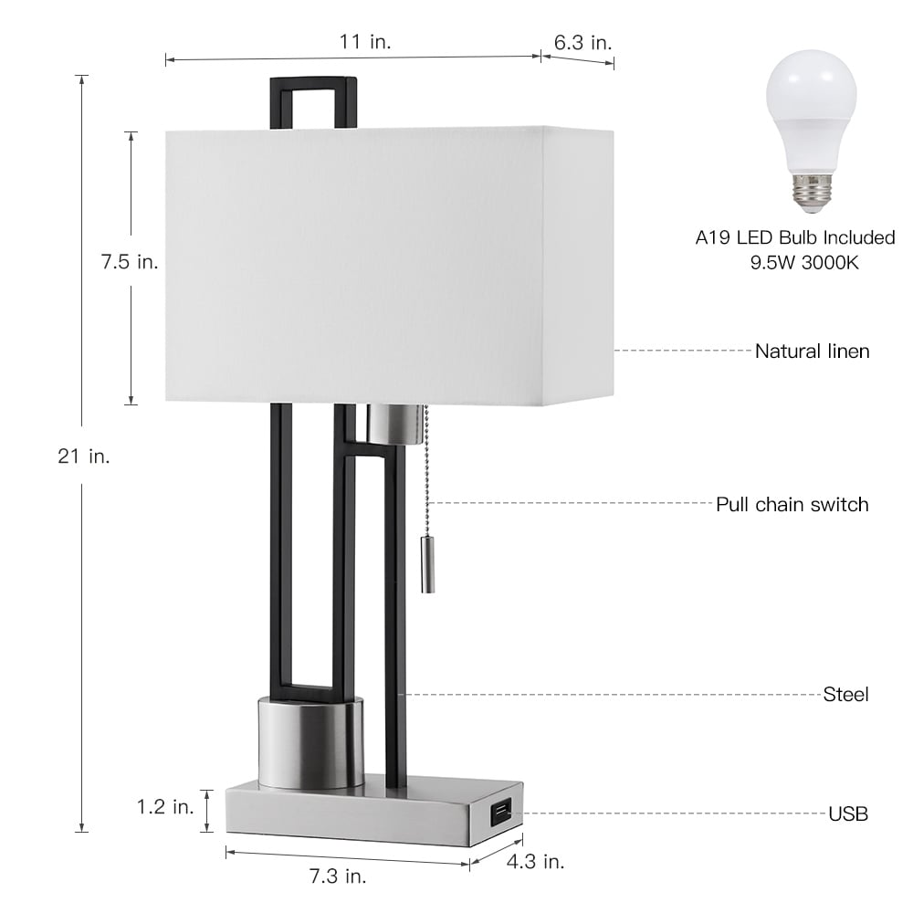 Matte Black/Brushed Nickel Table Lamp with USB Port and White Linen Shade， 9.5W LED Bulb Included - 21 H